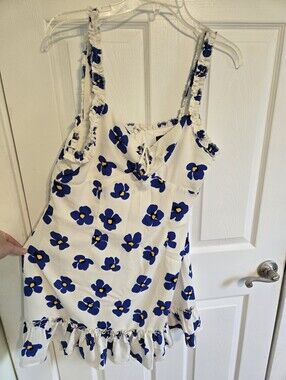 AQUA White Sun Dress with Bold Blue Floral Pattern Size Large
